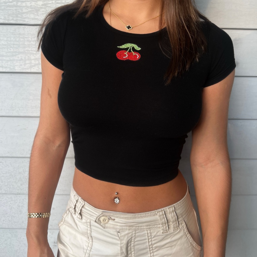 Bedazzled Cherry Logo Black Baby Tee